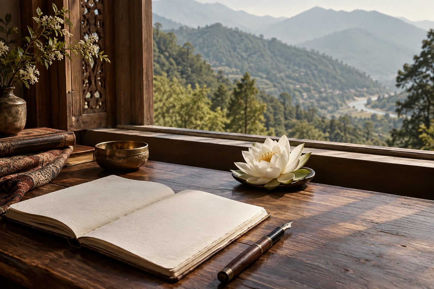 An open journal and a white lotus beside a window overlooking green hills