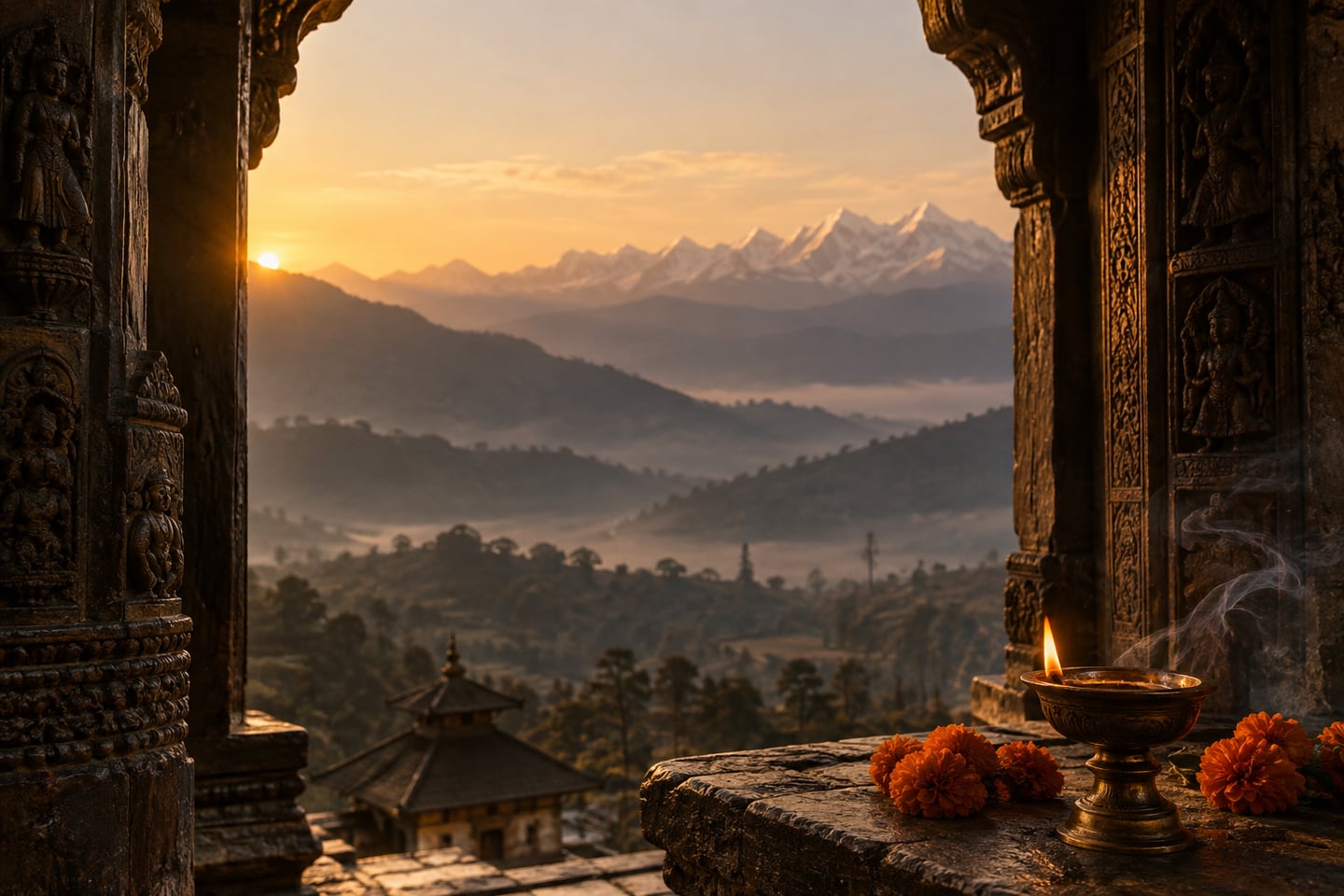 Temple-inspired artwork: a carved doorway opens onto Himalayan mountains at dawn