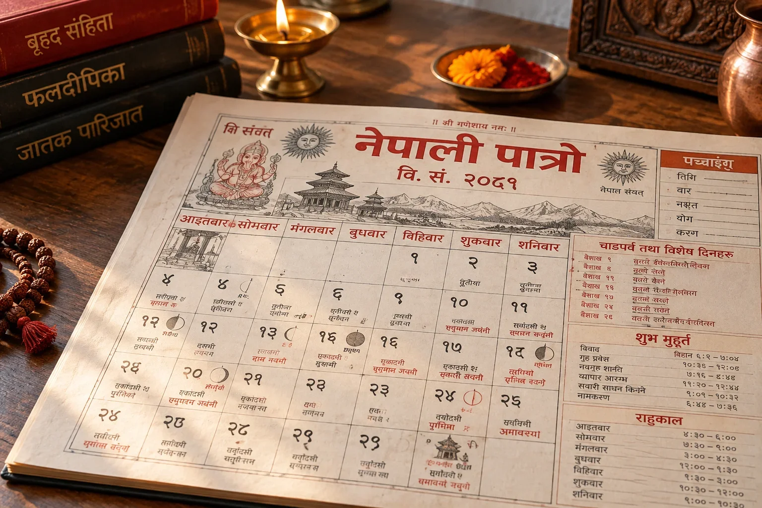 An illustrated Nepali calendar beside traditional Jyotish books, a brass lamp and prayer beads